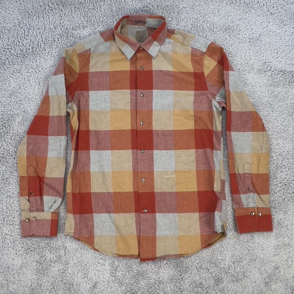 Rare Rabbit Shirt Mens Medium Orange Gray Plaid Button Down Long Sleeve Huskin‎